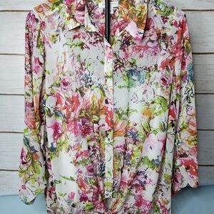 Liz Claiborne White Floral Button-Front Women's Blouse